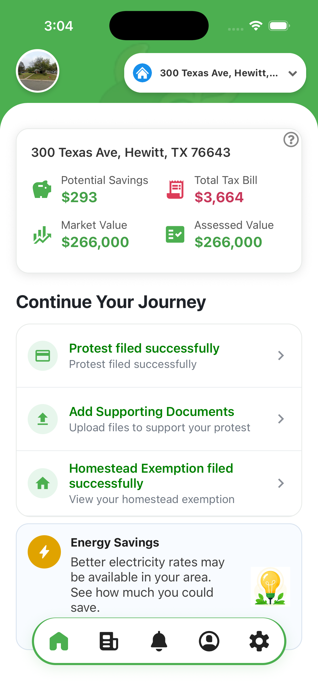The Andy App showing a filed property tax protest, with potential savings, market value and assessed value for a Texas home.
